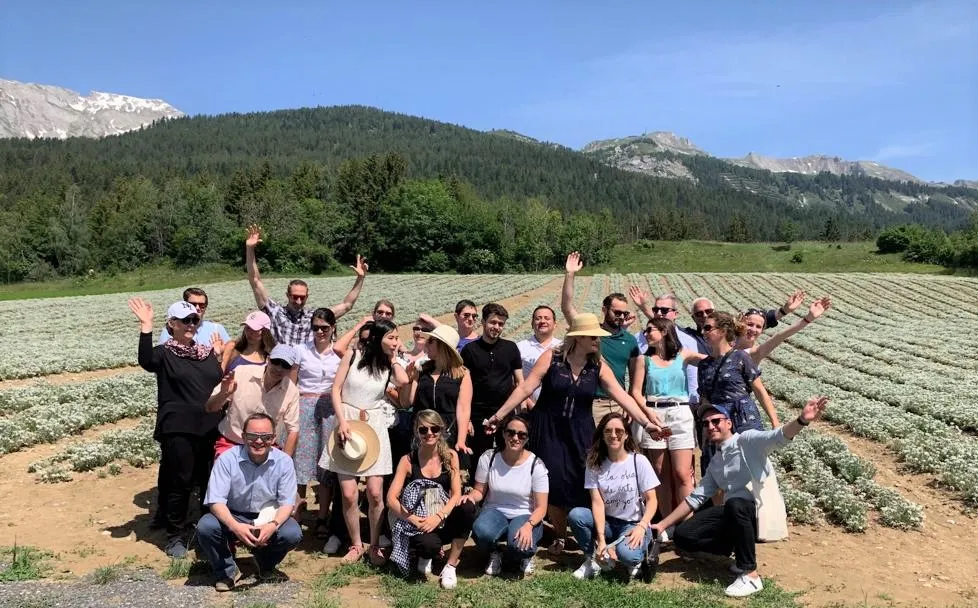 Groupe de professionnels visitant une plantation de lavande dans les Alpes françaises, montagne en arrière-plan